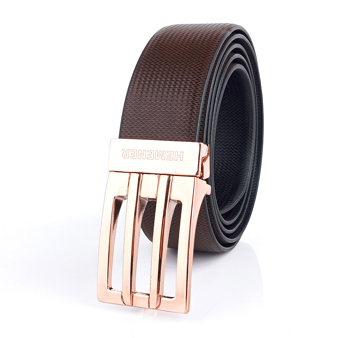 Hemener Men Metal Pin Hole Buckle Black Dark Brown Reversible Vegan Leather Belt