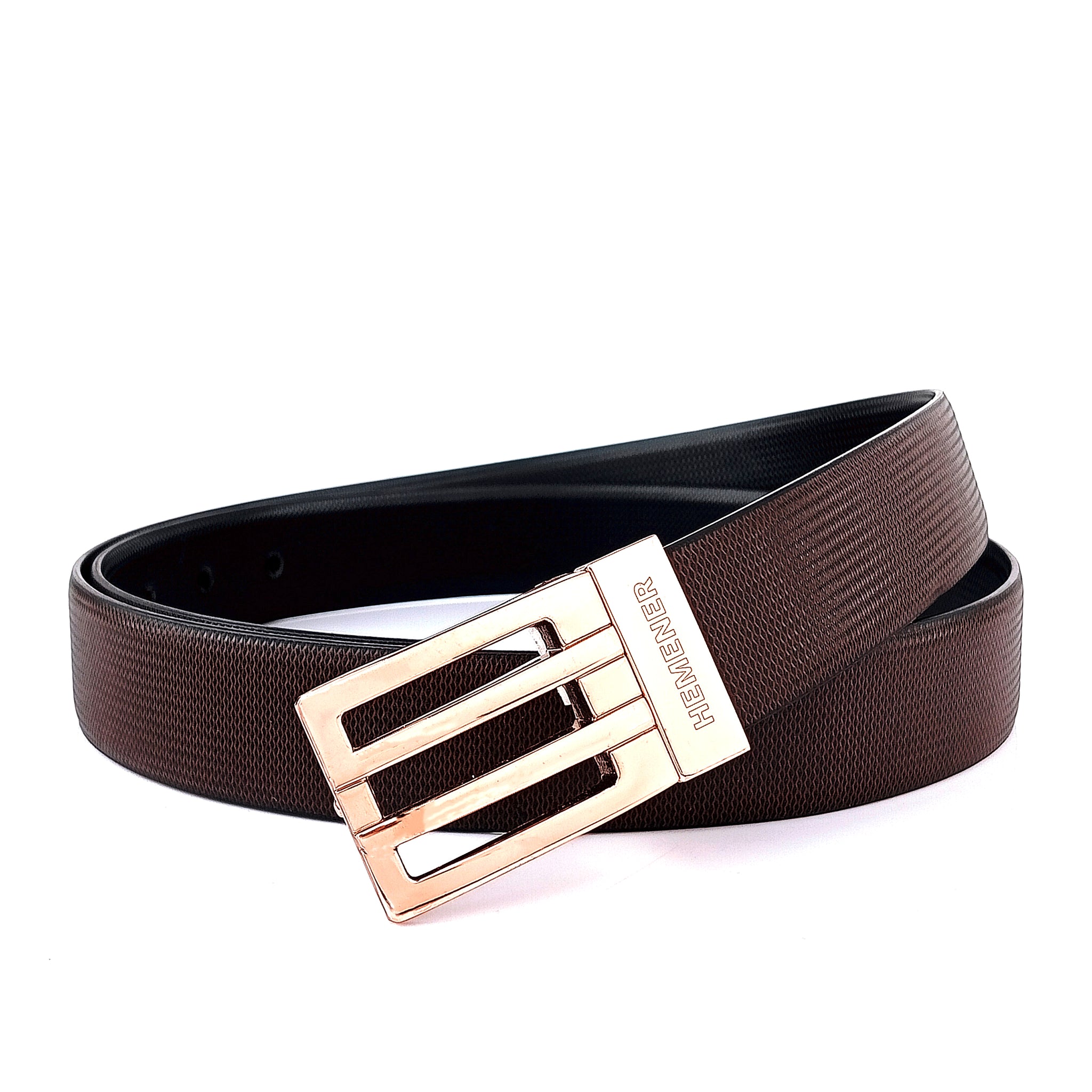 Hemener Men Metal Pin Hole Buckle Black Dark Brown Reversible Vegan Leather Belt