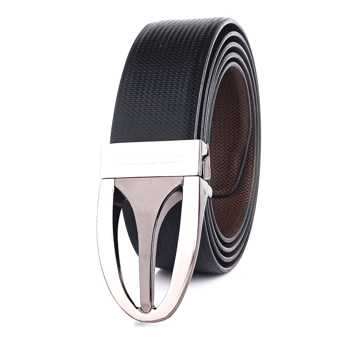 Hemener Men Metal Pin Hole Buckle Black Dark Brown Reversible Vegan Leather Belt