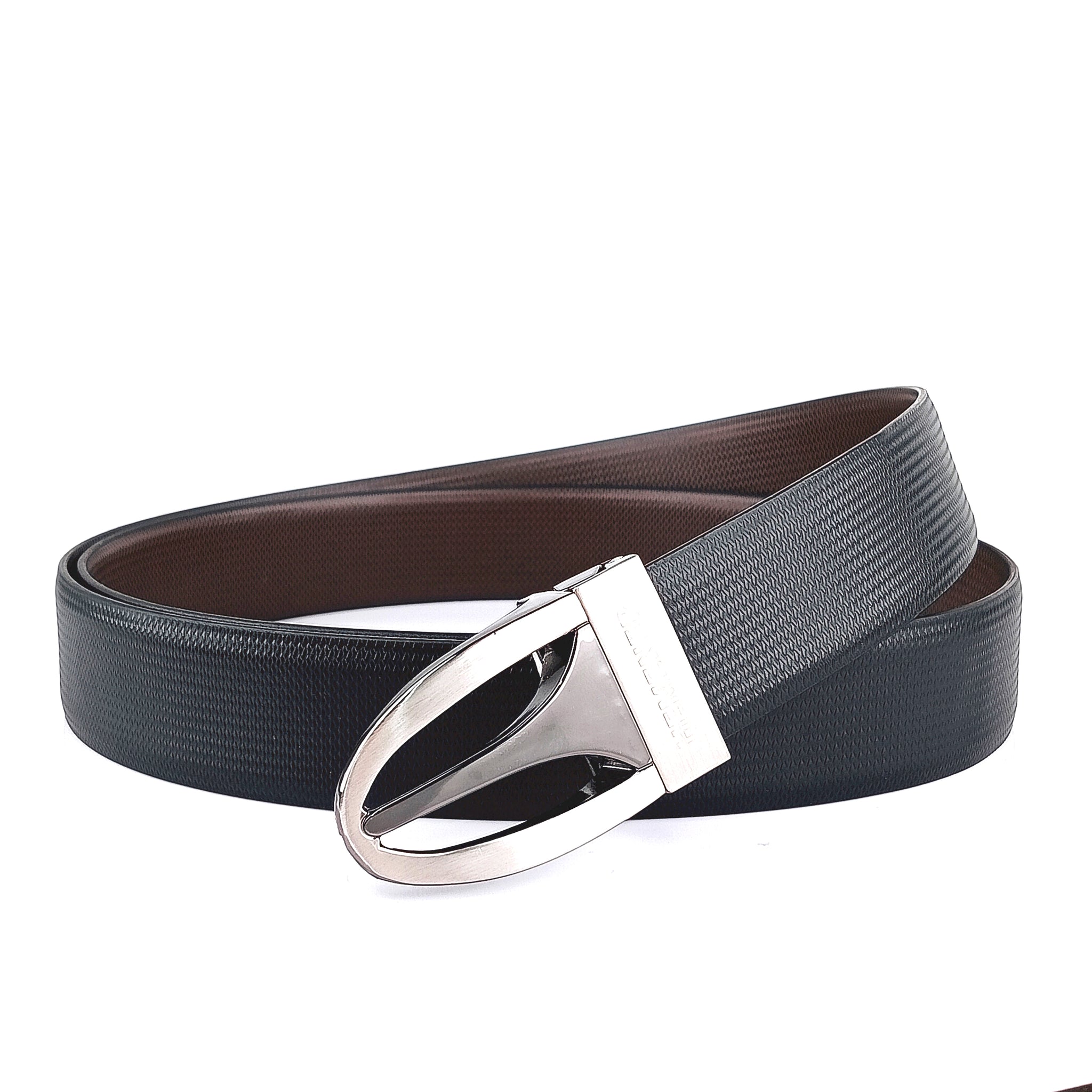 Hemener Men Metal Pin Hole Buckle Black Dark Brown Reversible Vegan Leather Belt