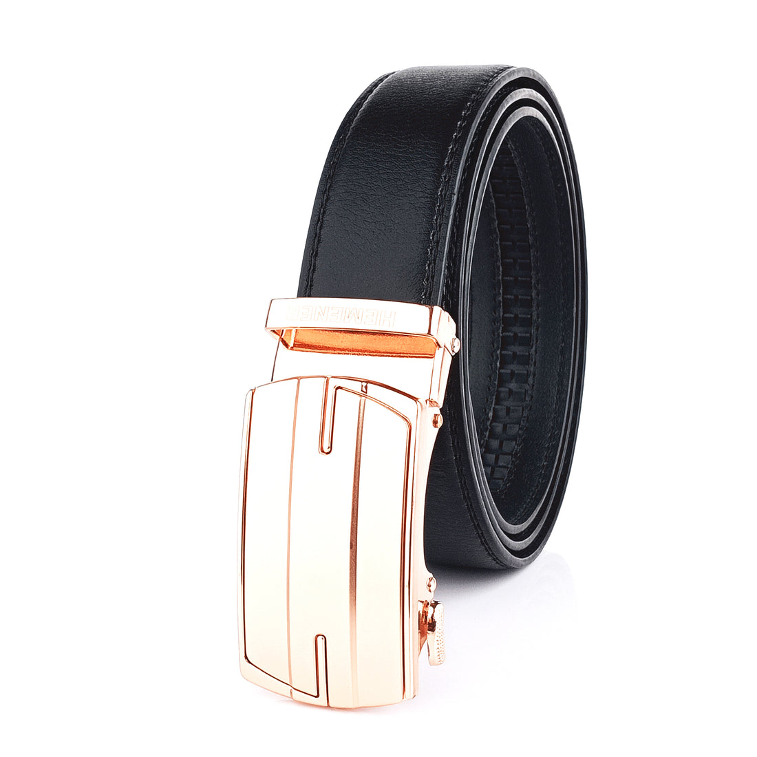 Hemener Men Metal Auto Grip Buckle Black Vegan Leather Belt