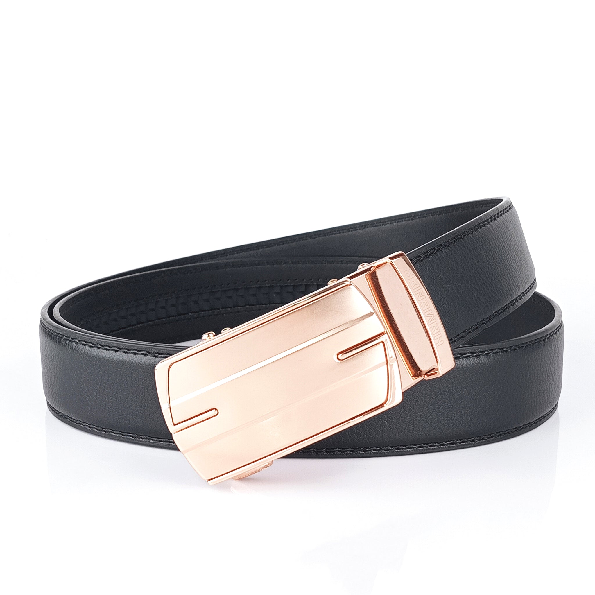 Hemener Men Metal Auto Grip Buckle Black Vegan Leather Belt