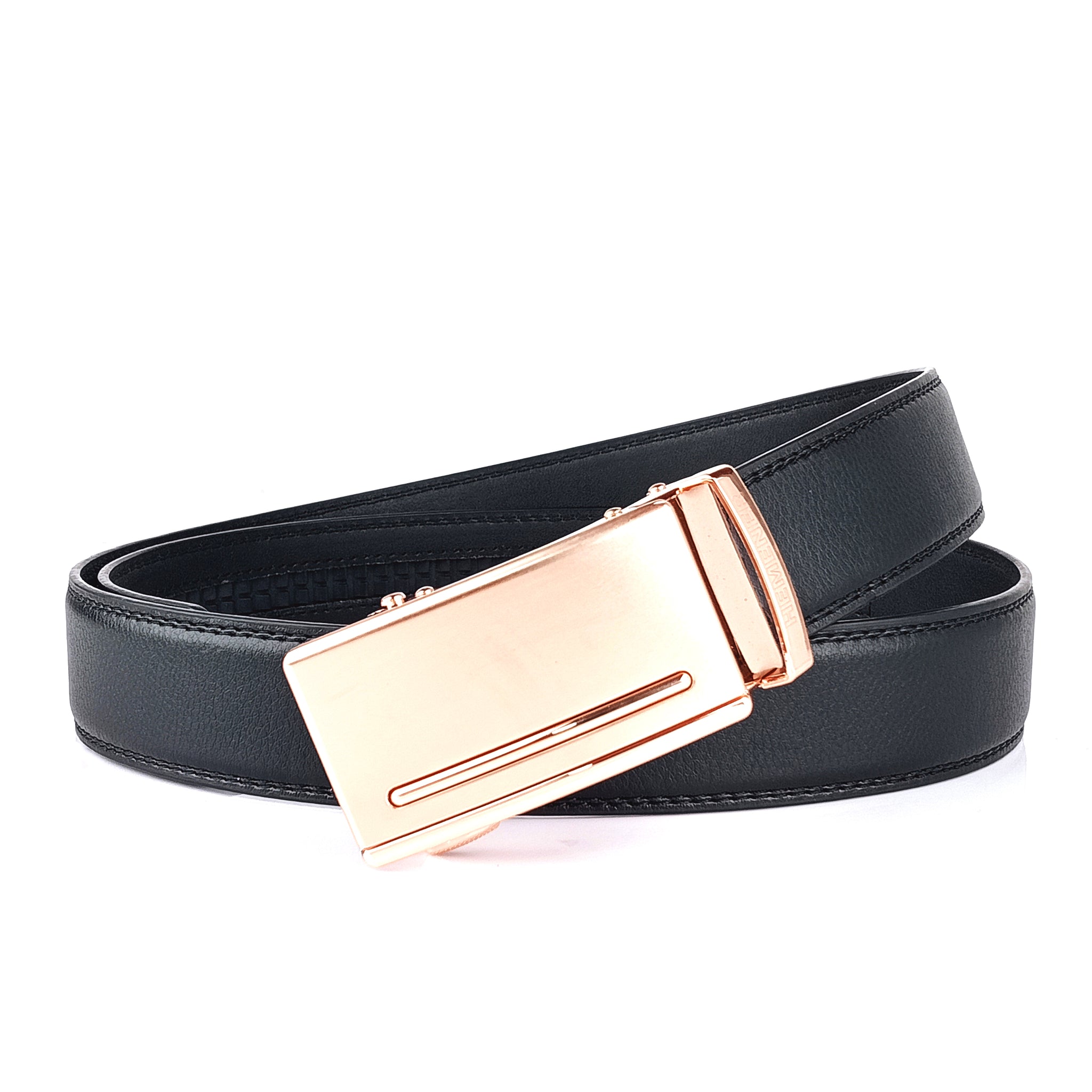 Hemener Men Metal Auto Grip Buckle Black Vegan Leather Belt