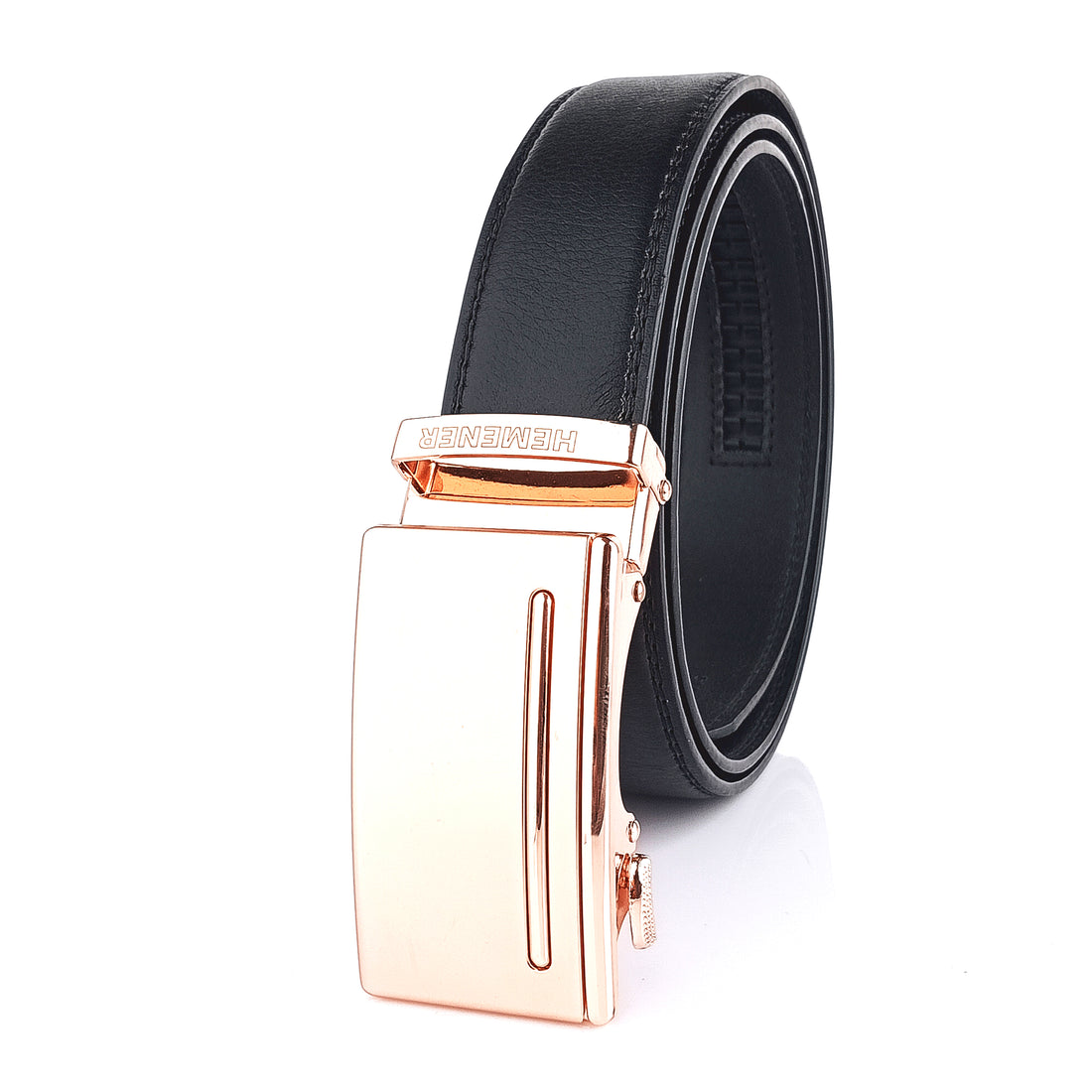 Hemener Men Metal Auto Grip Buckle Black Vegan Leather Belt