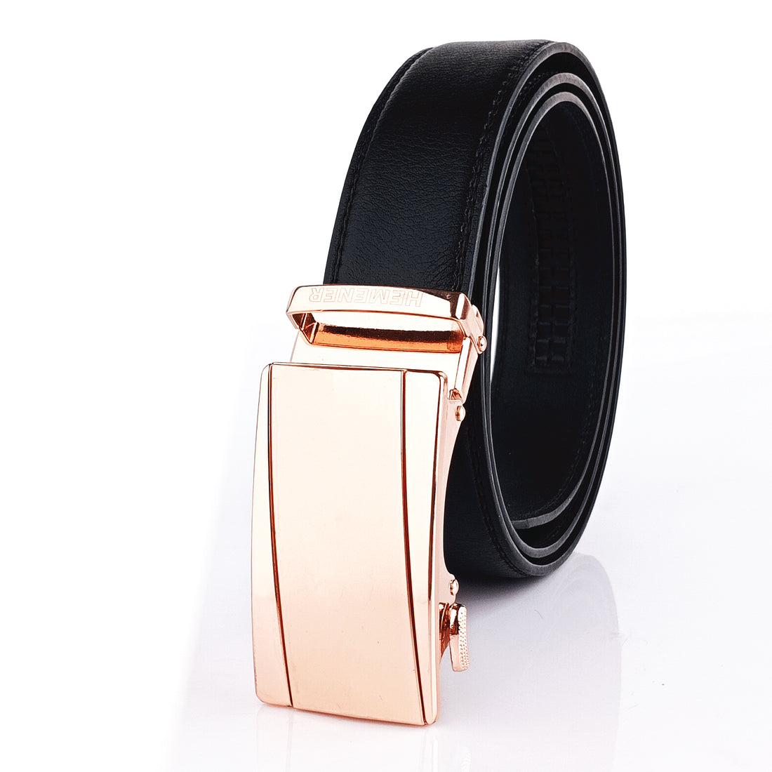 Hemener Men Metal Auto Grip Buckle Black Vegan Leather Belt