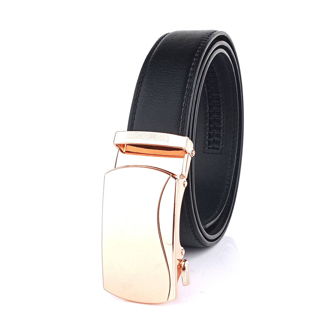 Hemener Men Metal Auto Grip Buckle Black Vegan Leather Belt