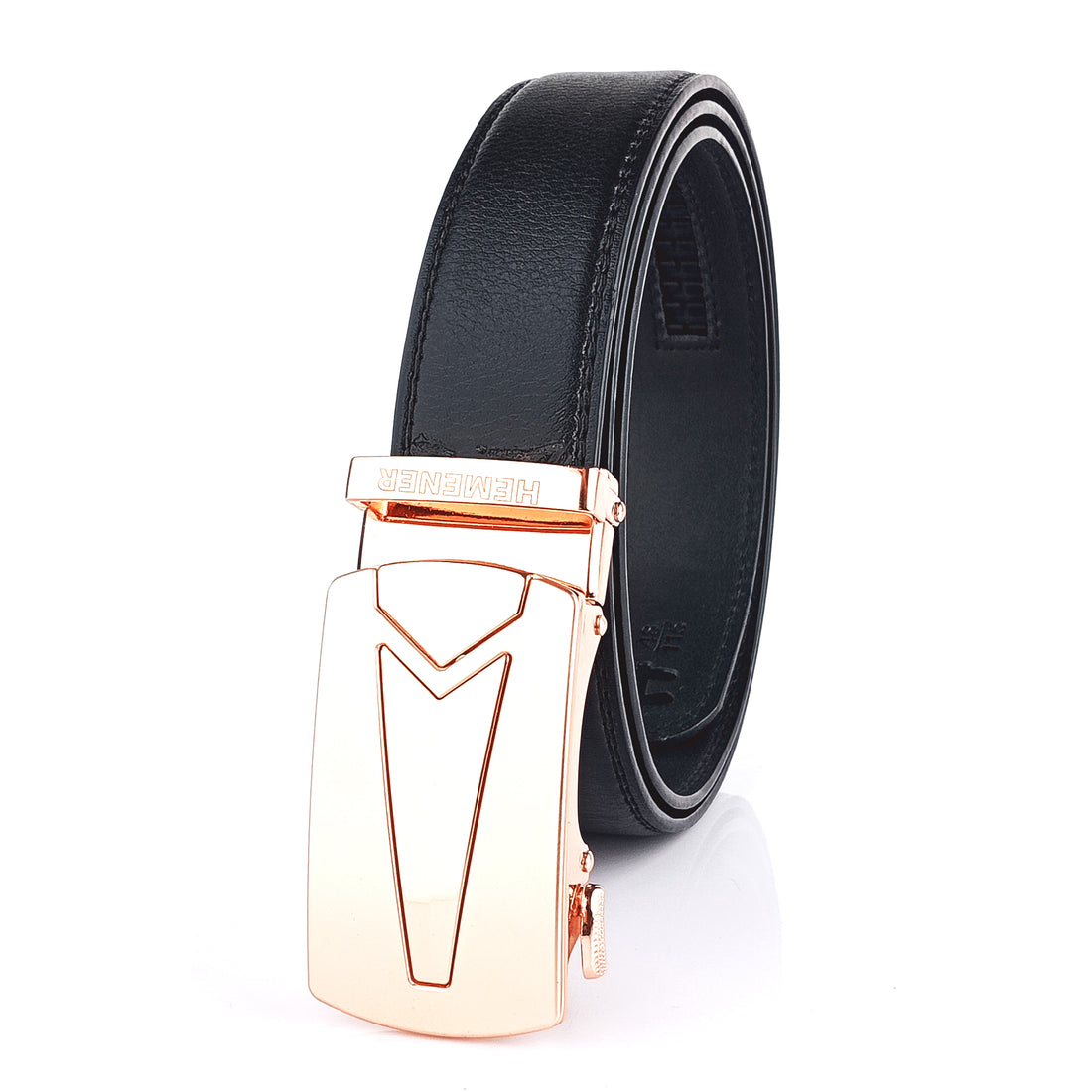 Hemener Men Metal Auto Grip Buckle Black Vegan Leather Belt