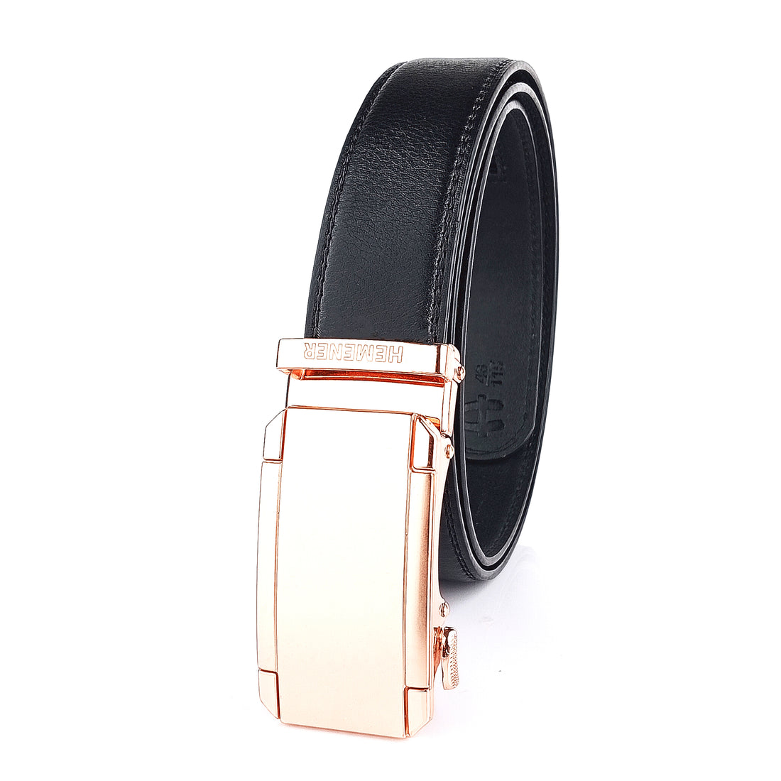 Hemener Men Metal Auto Grip Buckle Black Vegan Leather Belt