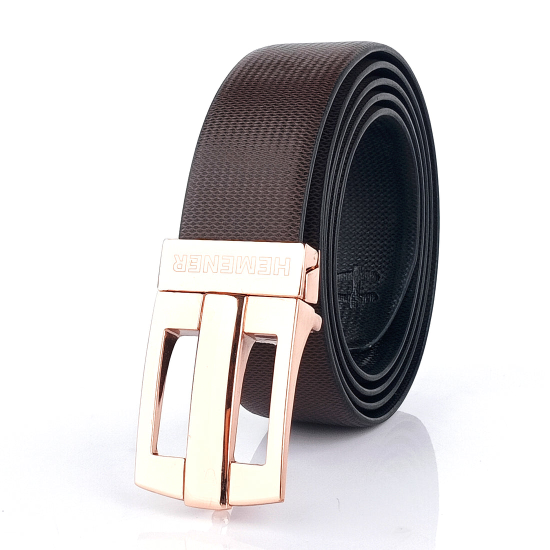 Hemener Men Metal Pin Hole Buckle Black Dark Brown Reversible Vegan Leather Belt