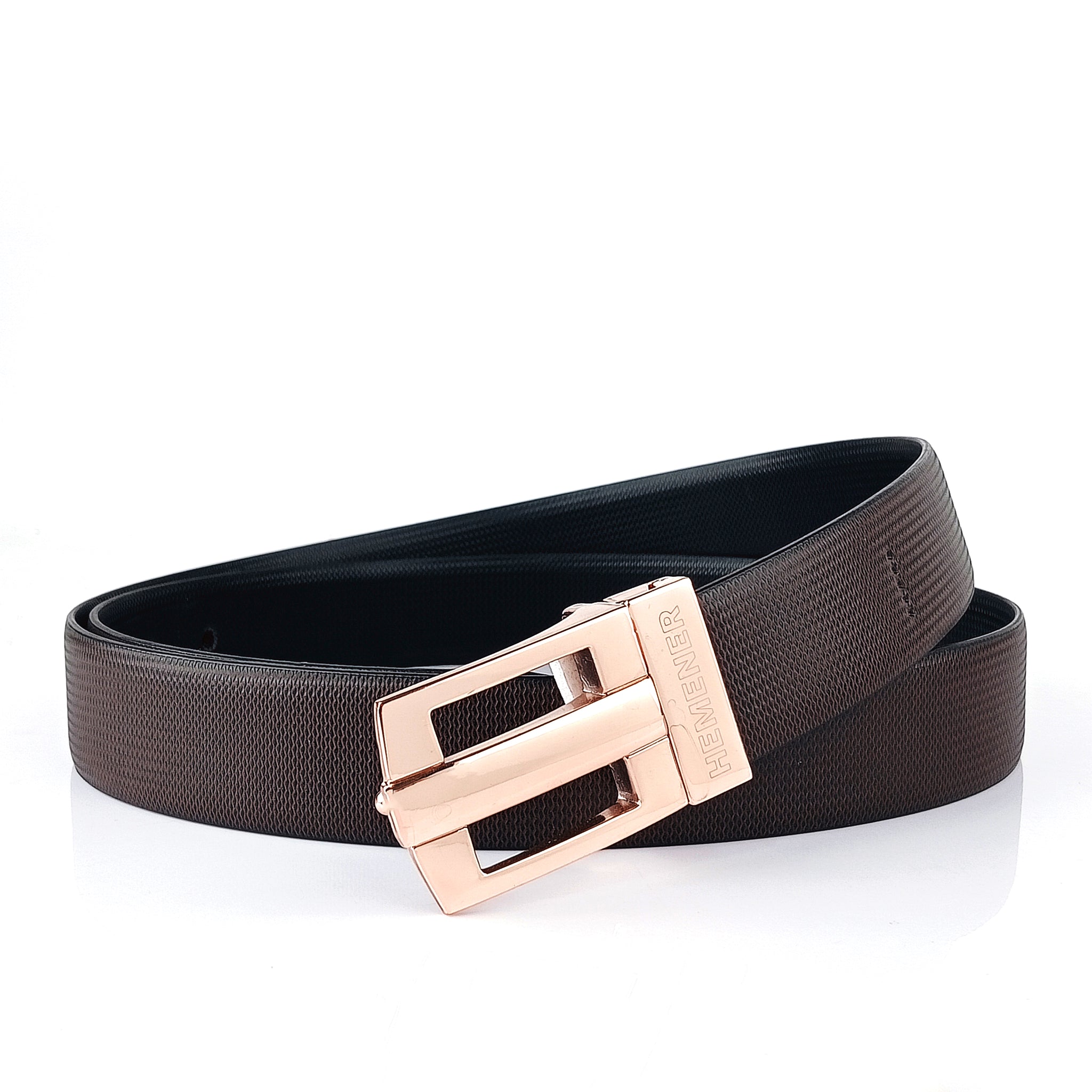 Hemener Men Metal Pin Hole Buckle Black Dark Brown Reversible Vegan Leather Belt