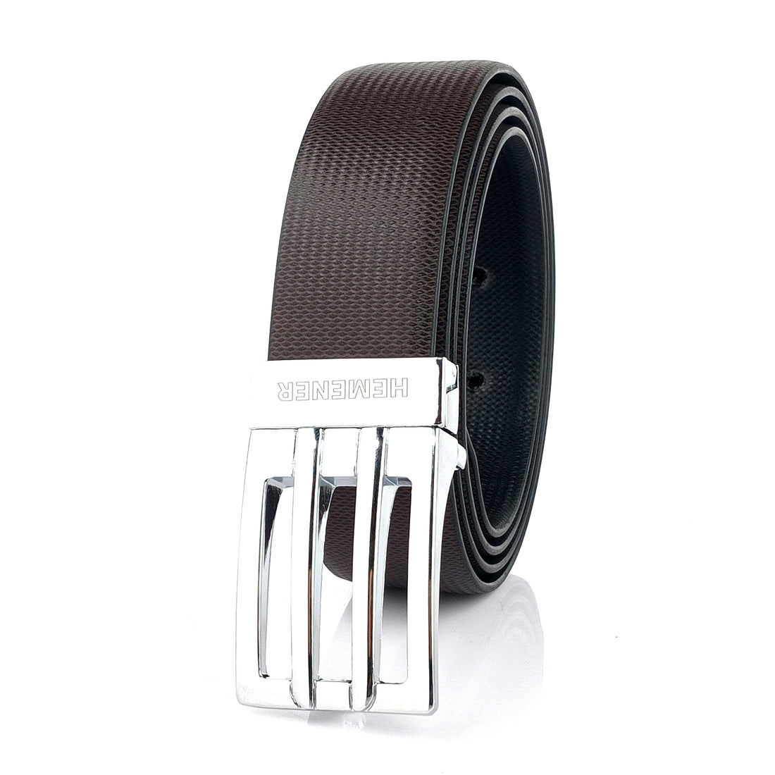 Hemener Men Metal Pin Hole Buckle Black Dark Brown Reversible Vegan Leather Belt