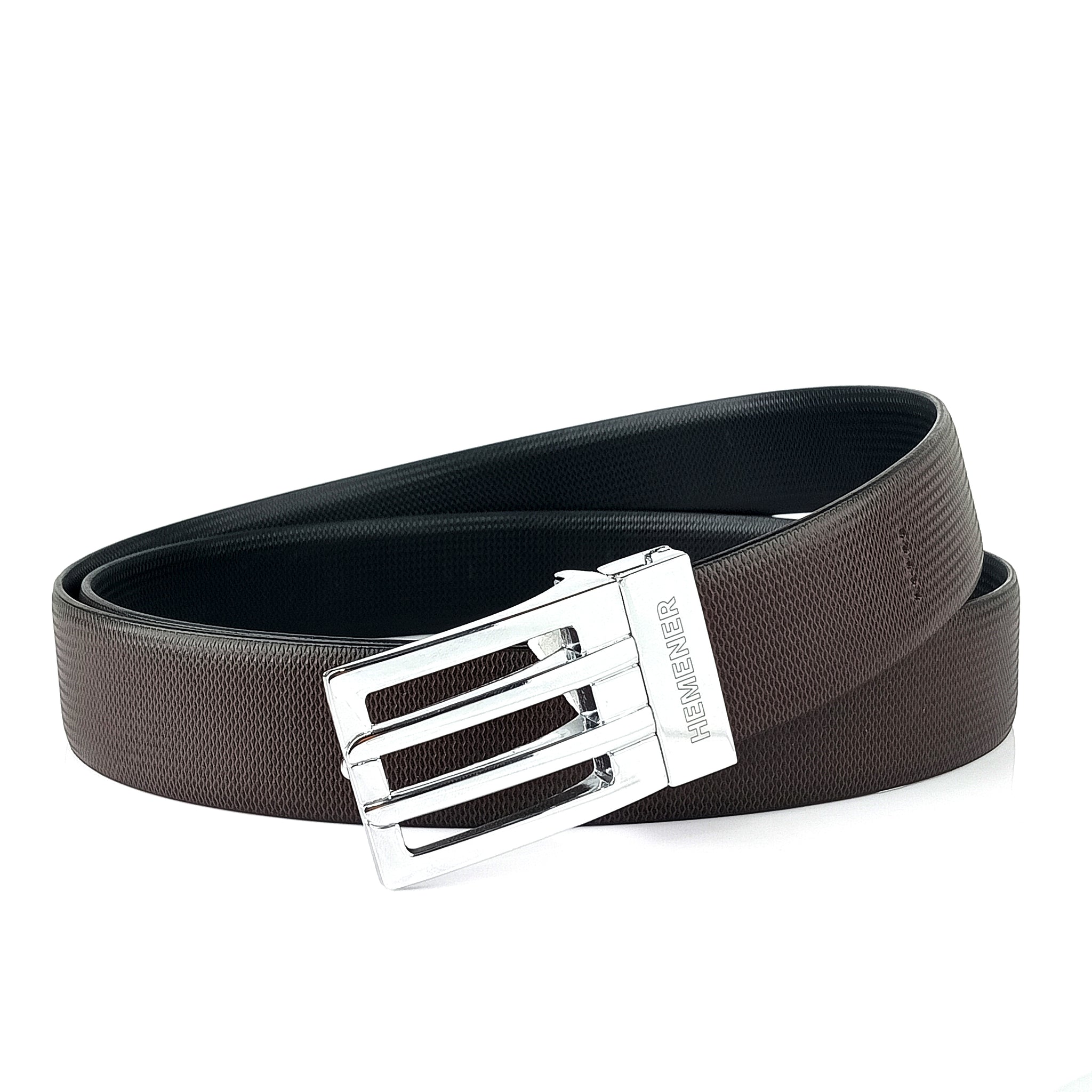 Hemener Men Metal Pin Hole Buckle Black Dark Brown Reversible Vegan Leather Belt