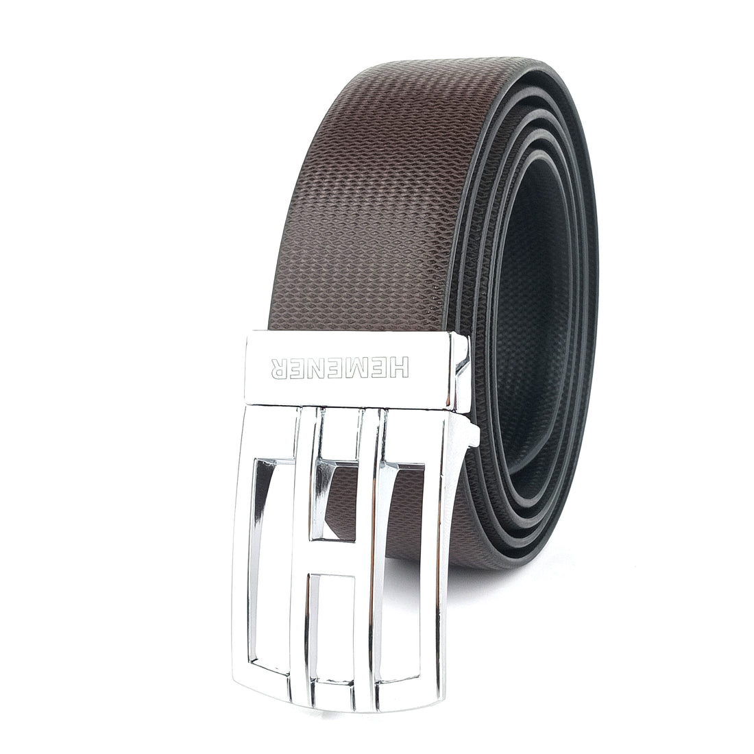 Hemener Men Metal Pin Hole Buckle Black Dark Brown Reversible Vegan Leather Belt