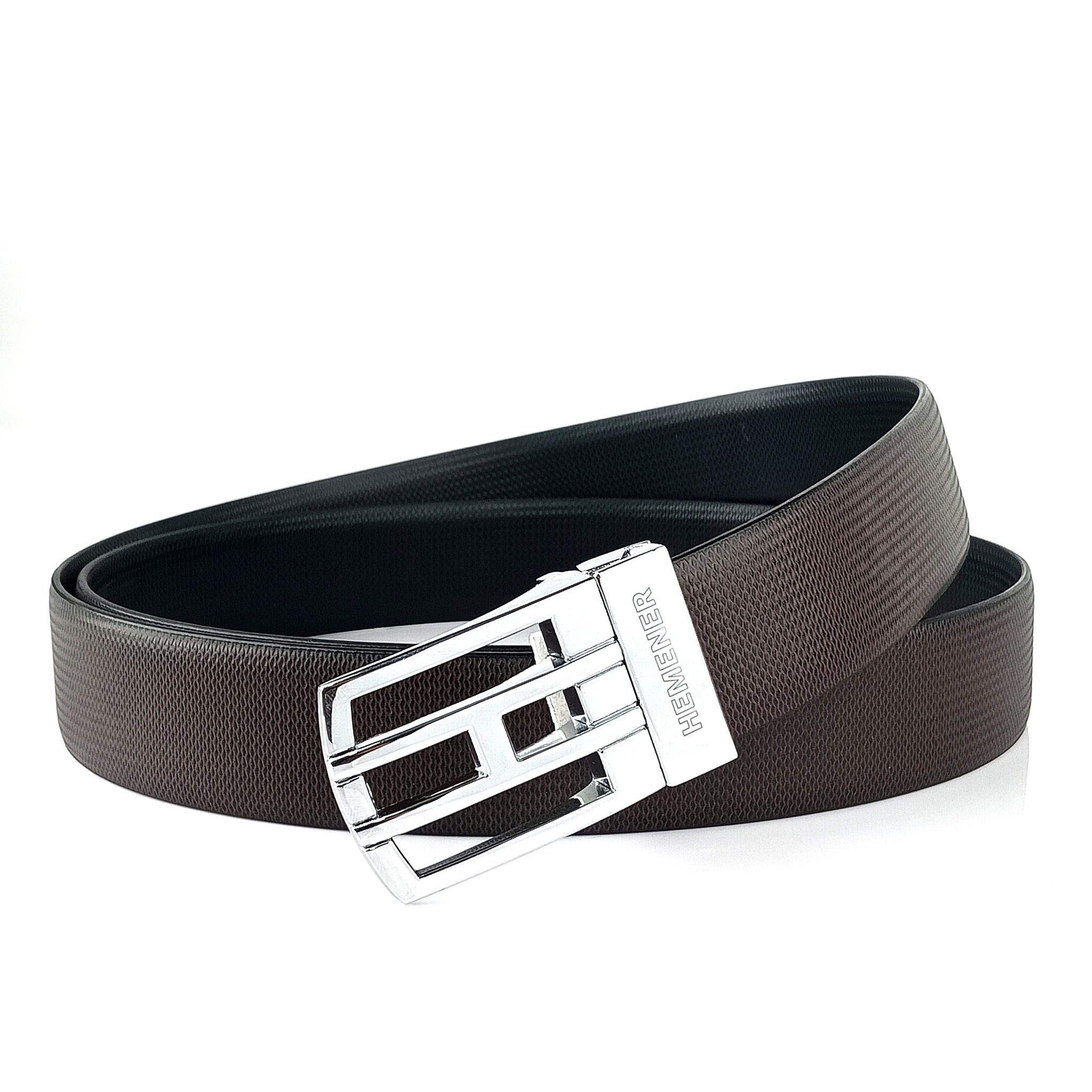 Hemener Men Metal Pin Hole Buckle Black Dark Brown Reversible Vegan Leather Belt