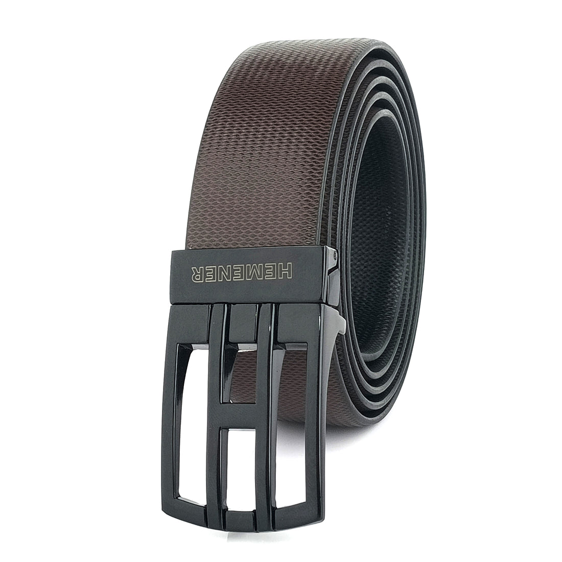 Hemener Men Metal Pin Hole Buckle Black Dark Brown Reversible Vegan Leather Belt