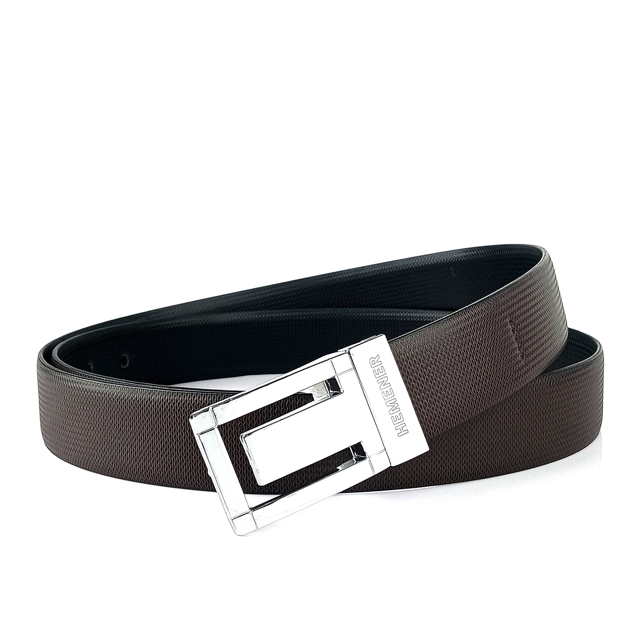 Hemener Men Metal Pin Hole Buckle Black Dark Brown Reversible Vegan Leather Belt