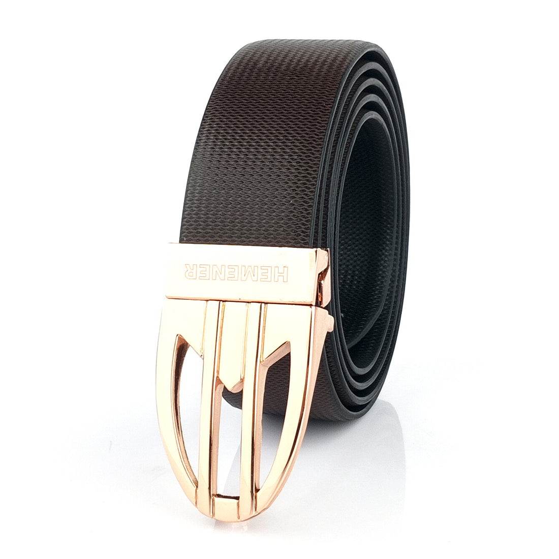 Hemener Men Metal Pin Hole Buckle Black Dark Brown Reversible Vegan Leather Belt