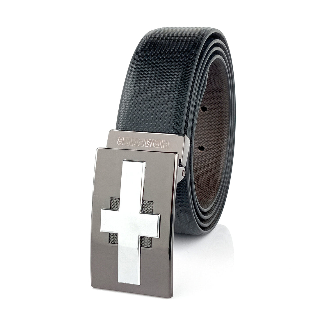 Hemener Men Alloy Buckle Black Dark Brown Reversible Vegan Leather Belt