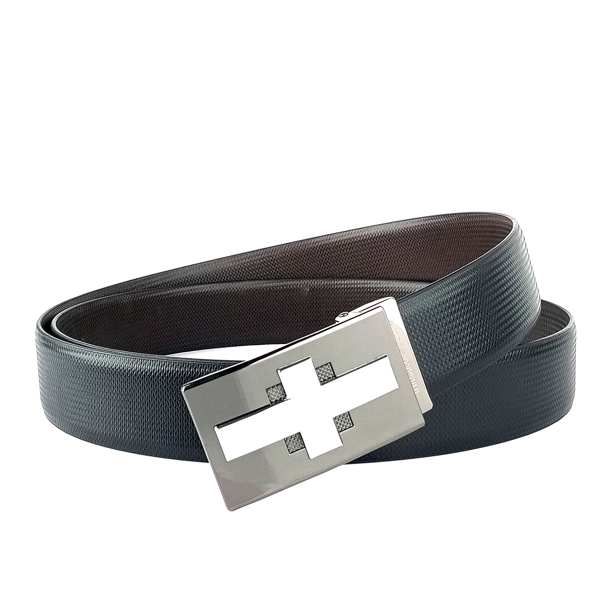 Hemener Men Alloy Buckle Black Dark Brown Reversible Vegan Leather Belt