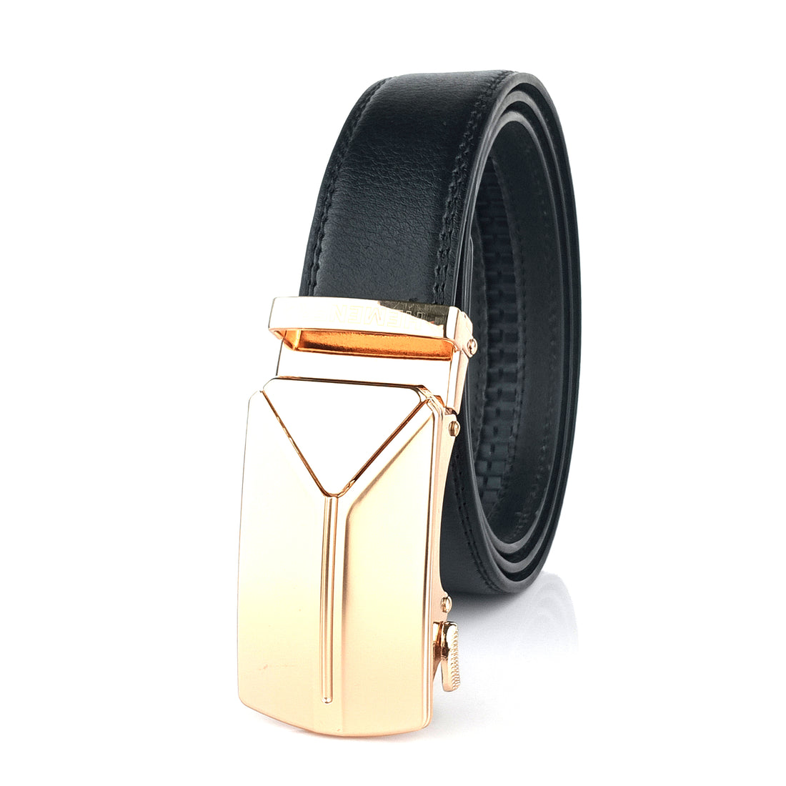 Hemener Men Metal Auto Grip Buckle Black Vegan Leather Belt