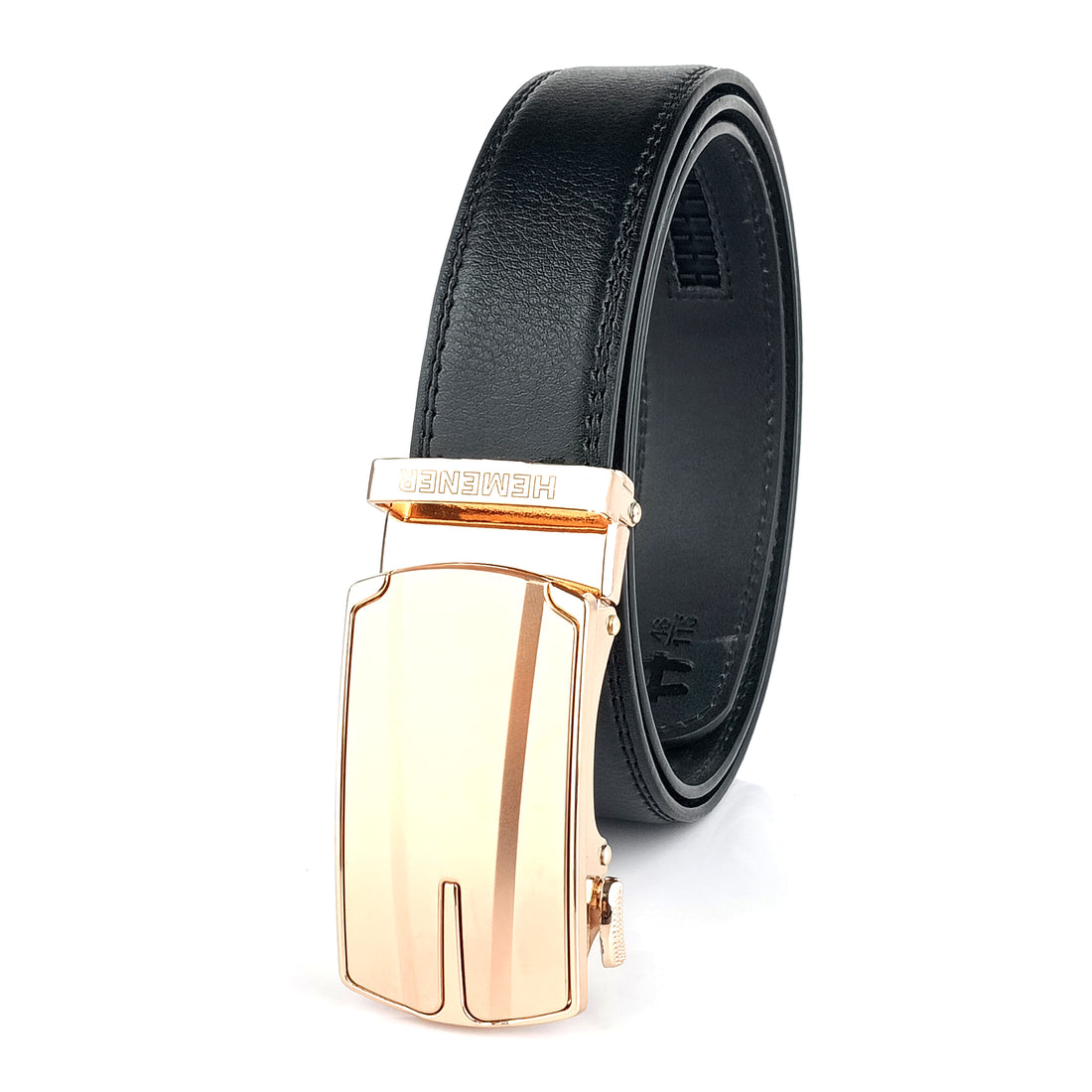 Hemener Men Metal Auto Grip Buckle Black Vegan Leather Belt