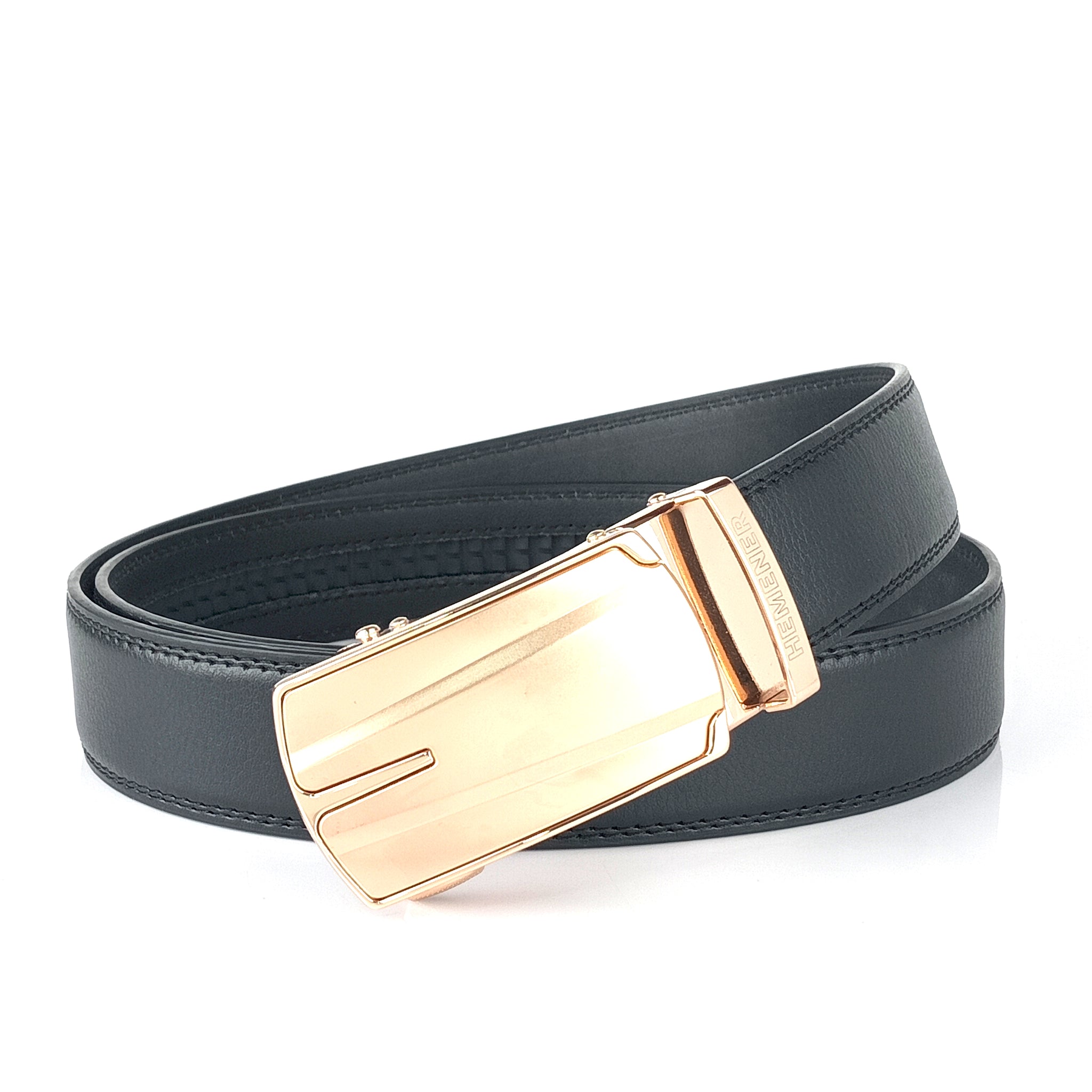 Hemener Men Metal Auto Grip Buckle Black Vegan Leather Belt