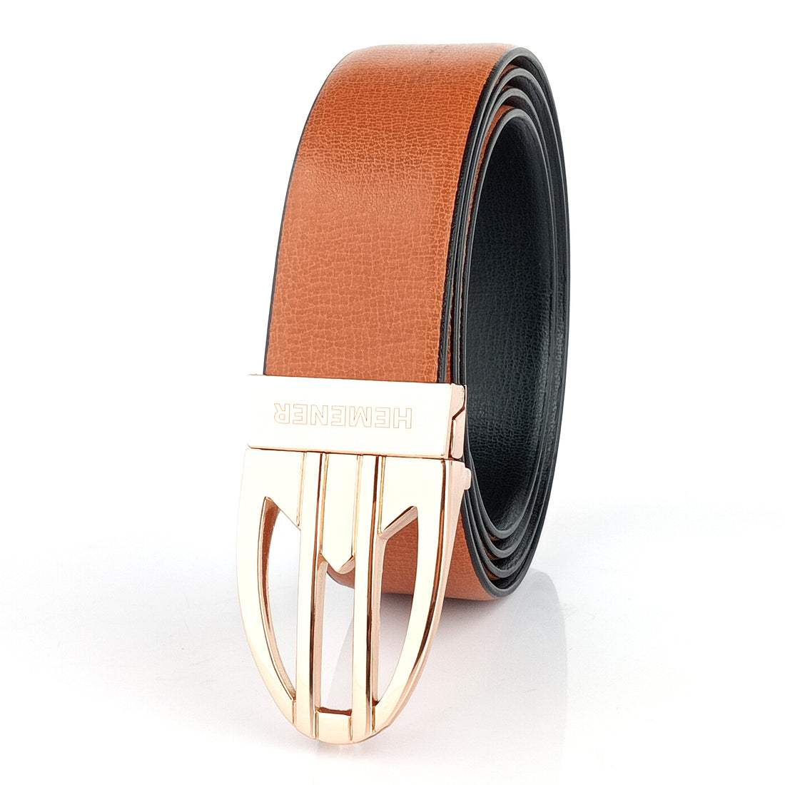 Hemener Men Metal Pin Hole Buckle Reversible Black Brown Vegan Leather Belt