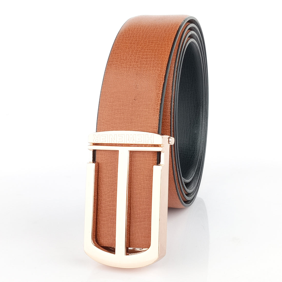 Hemener Men Glossy Finish Metal Pin Hole Buckle Tan Vegan Leather Belt