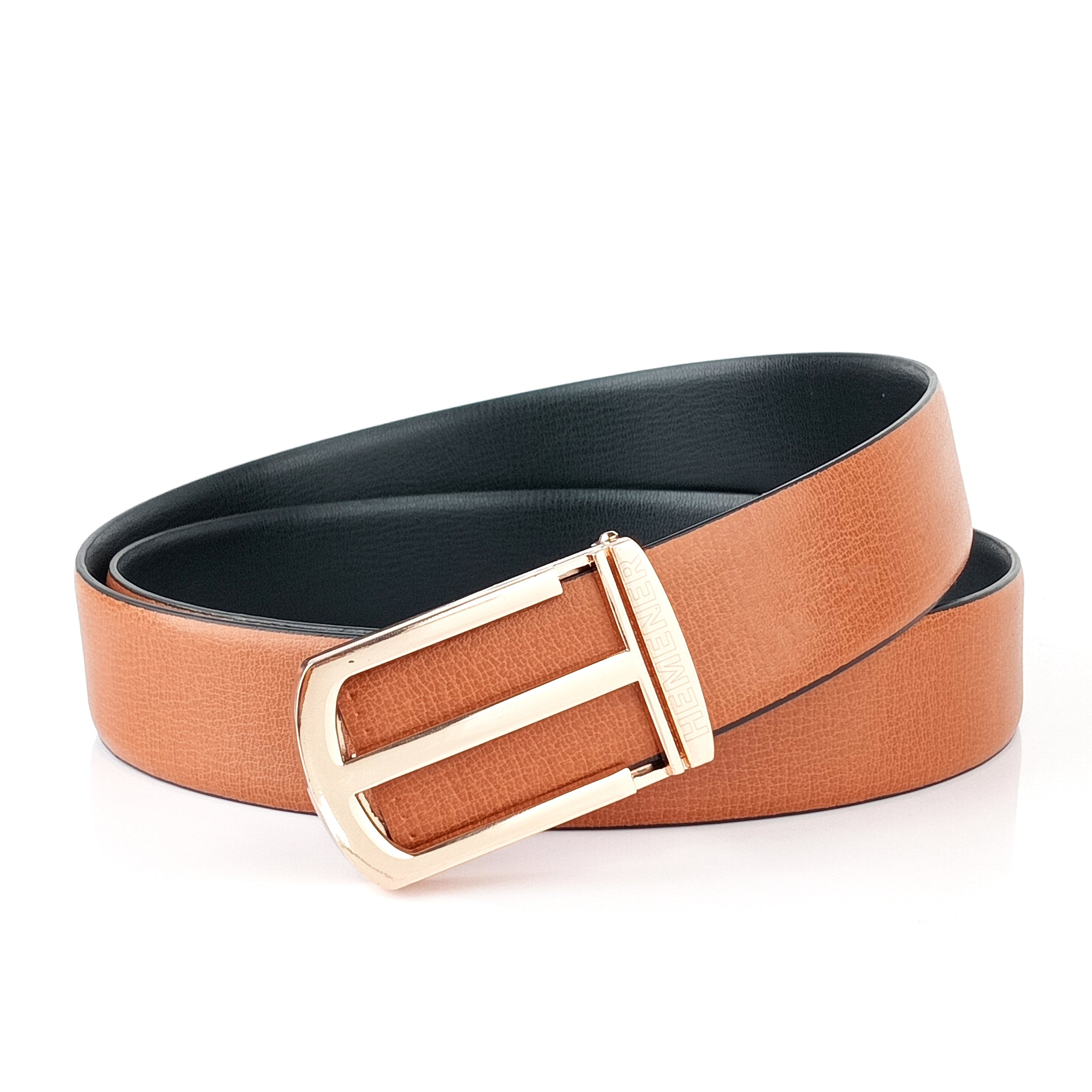 Hemener Men Glossy Finish Metal Pin Hole Buckle Tan Vegan Leather Belt