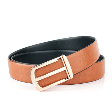 Hemener Men Glossy Finish Metal Pin Hole Buckle Tan Vegan Leather Belt