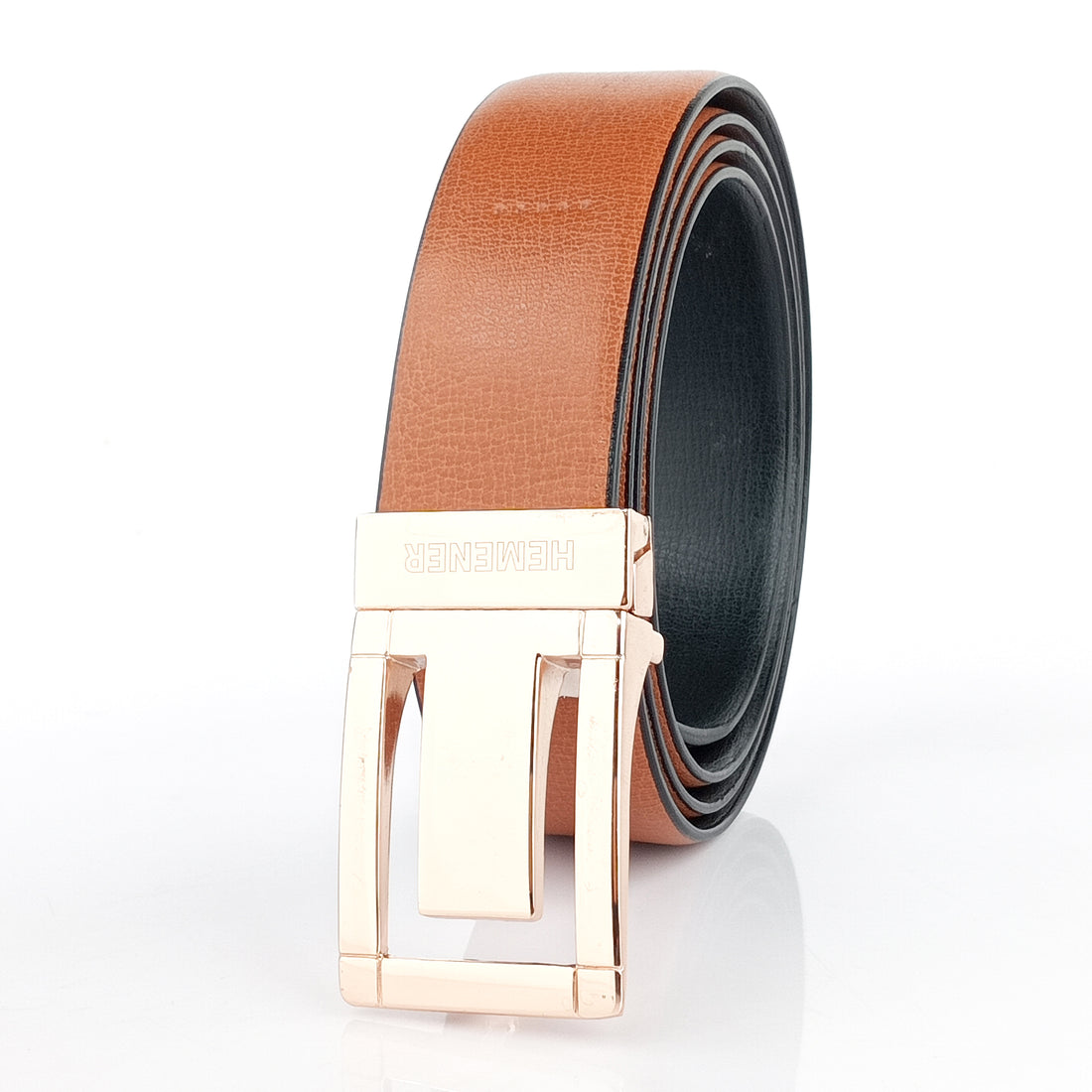 Hemener Men Metal Pin Hole Buckle Reversible Black Brown Vegan Leather Belt