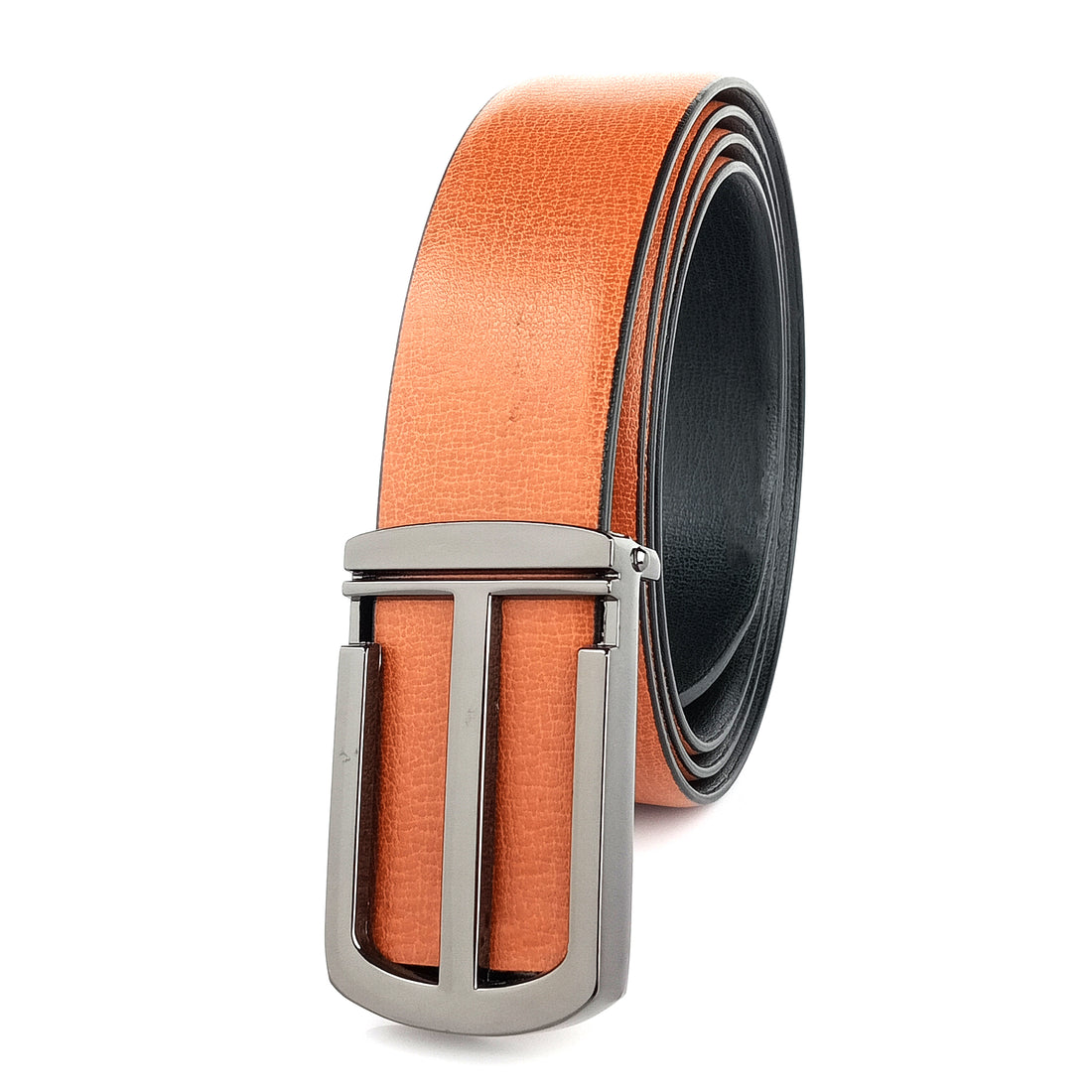 Hemener Men Glossy Finish Metal Pin Hole Buckle Tan Vegan Leather Belt