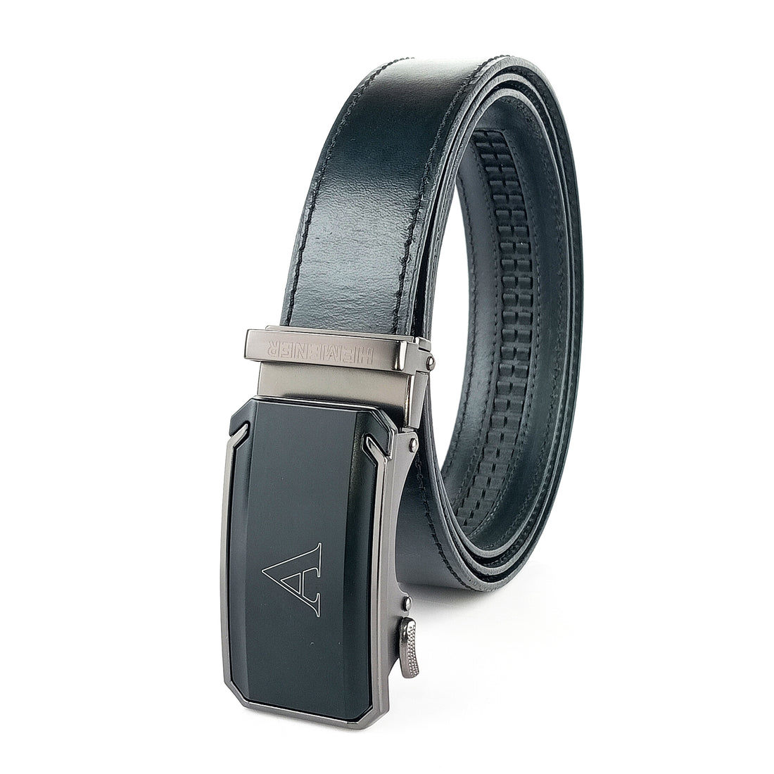 Hemener Men Belt A Letter Metal Buckle Black Genuine Leather