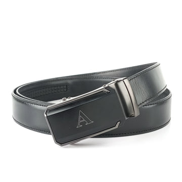 Hemener Men Belt A Letter Metal Buckle Black Genuine Leather