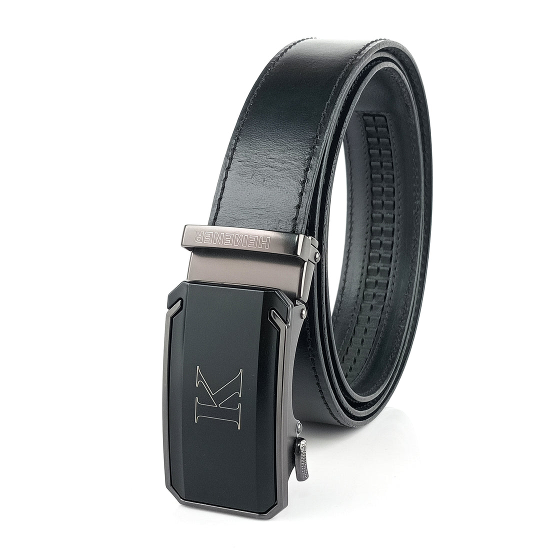 Hemener Men K Letter Metal Buckle Black Genuine Leather Belt