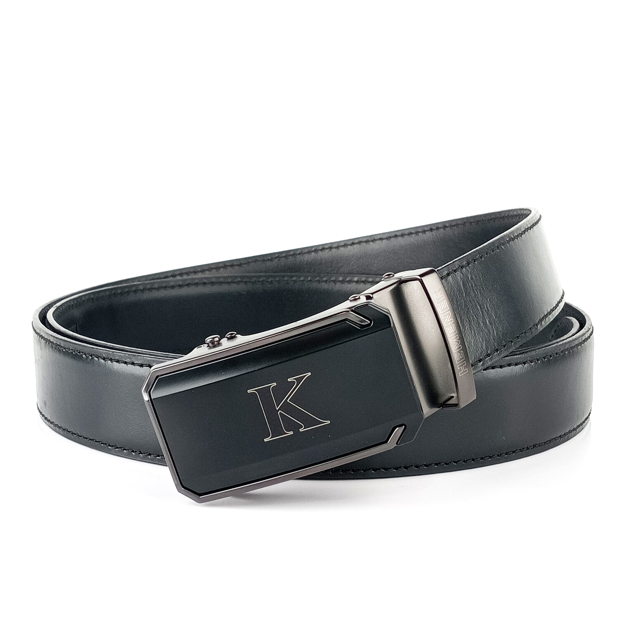 Hemener Men K Letter Metal Buckle Black Genuine Leather Belt