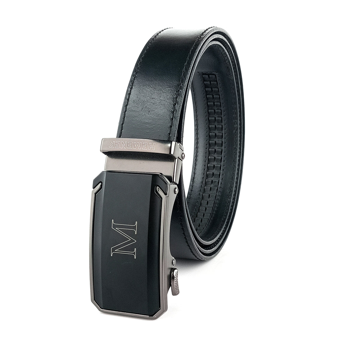 Hemener Men M Letter Metal Buckle Black Genuine Leather Belt