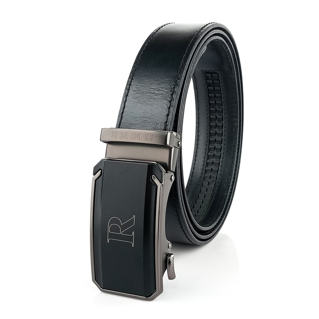 Hemener Men   R   Letter Metal Buckle Black Genuine Leather