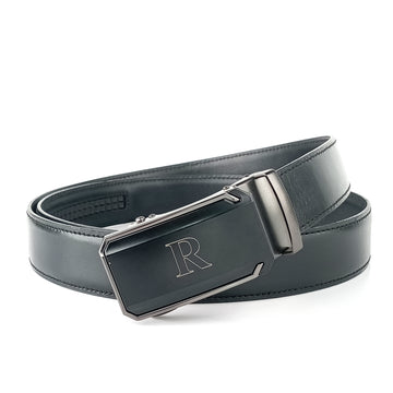 Hemener Men   R   Letter Metal Buckle Black Genuine Leather