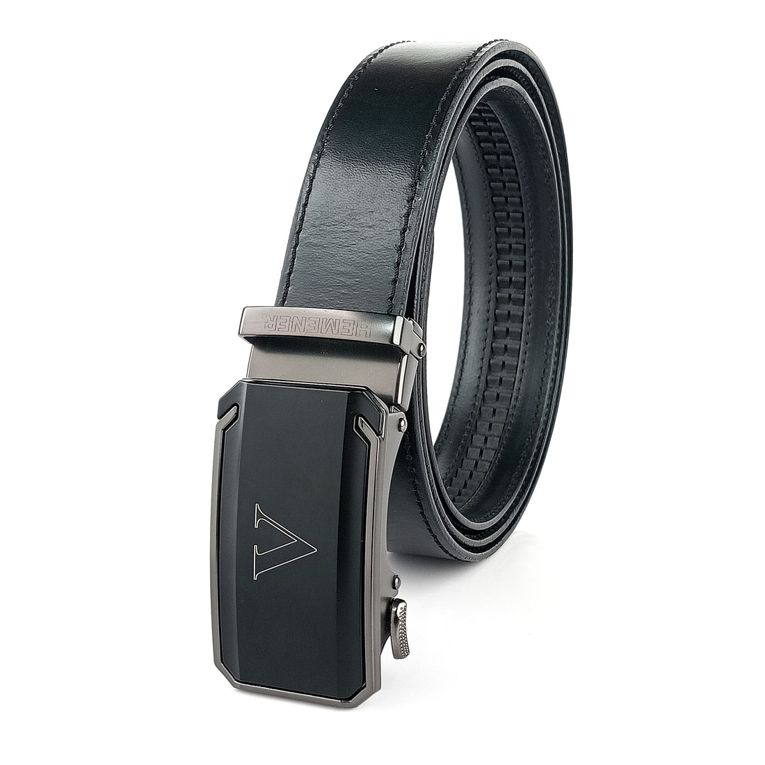 Hemener Men V Letter Metal Buckle Black Genuine Leather