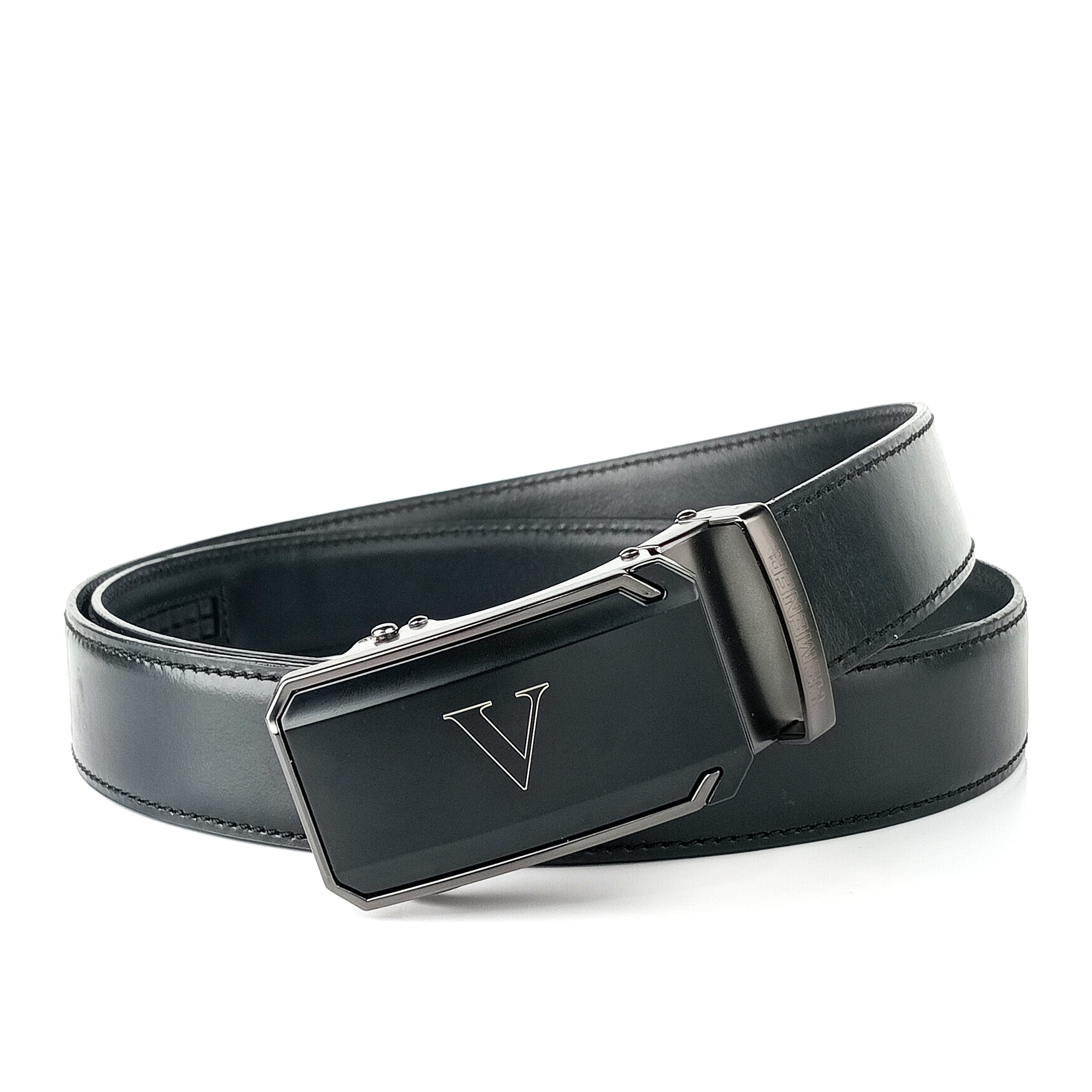 Hemener Men V Letter Metal Buckle Black Genuine Leather