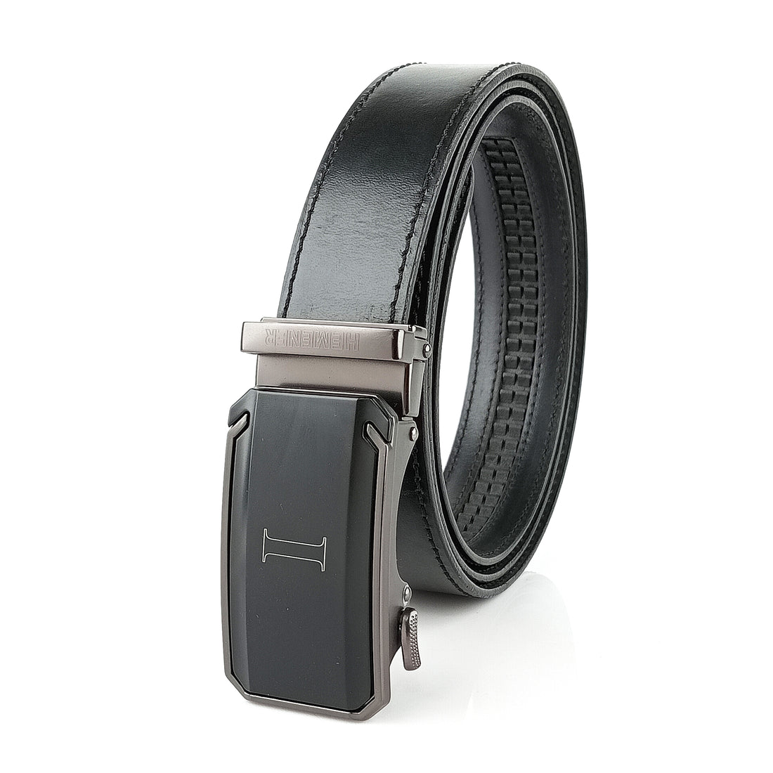 Hemener Men I Letter Metal Buckle Black Genuine Leather Belt