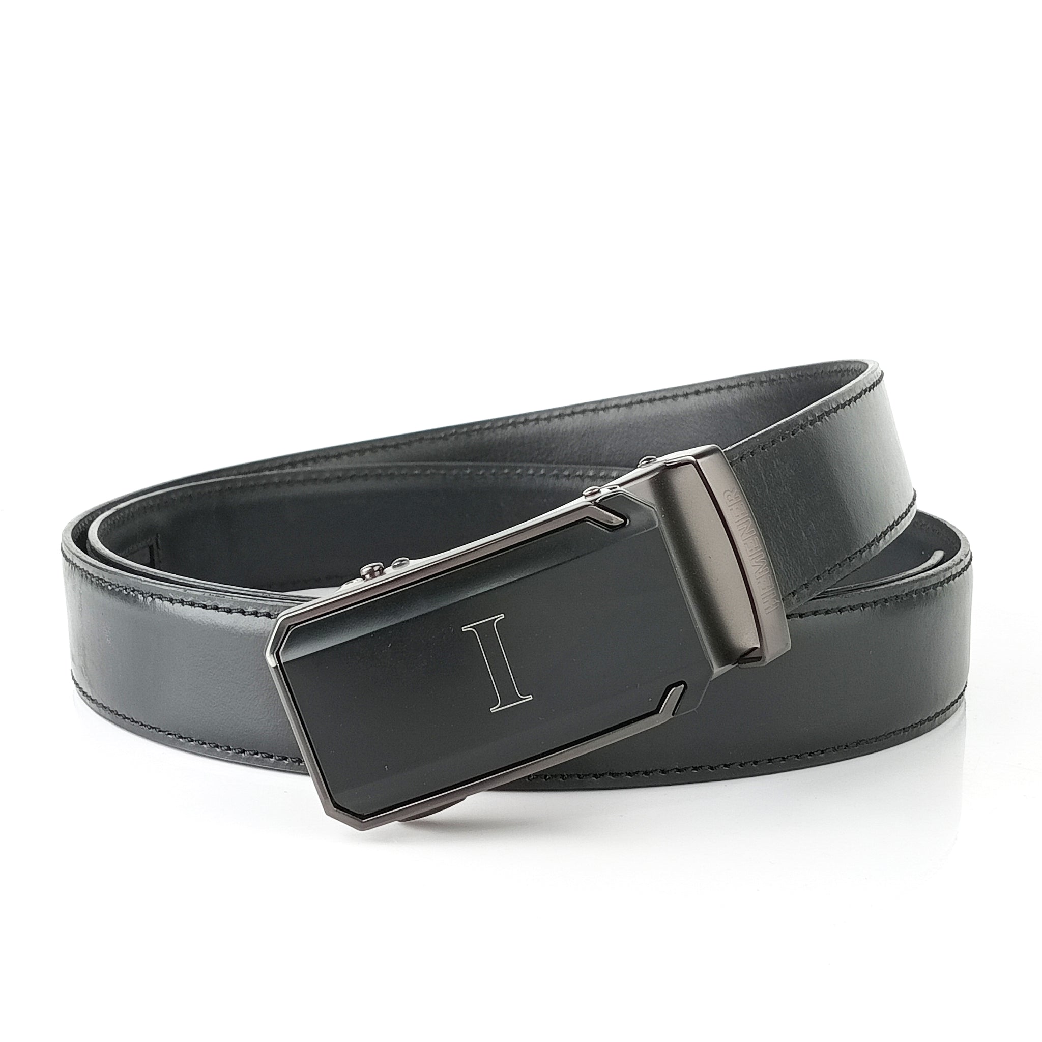 Hemener Men I Letter Metal Buckle Black Genuine Leather Belt