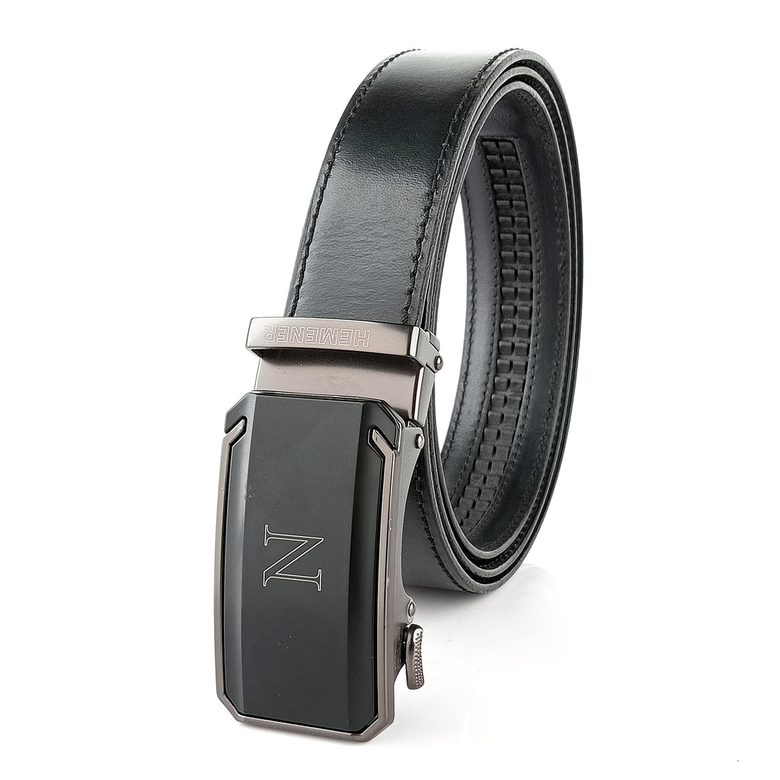 Hemener Men N Letter Metal Buckle Black Genuine Leather Belt