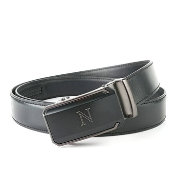 Hemener Men N Letter Metal Buckle Black Genuine Leather Belt