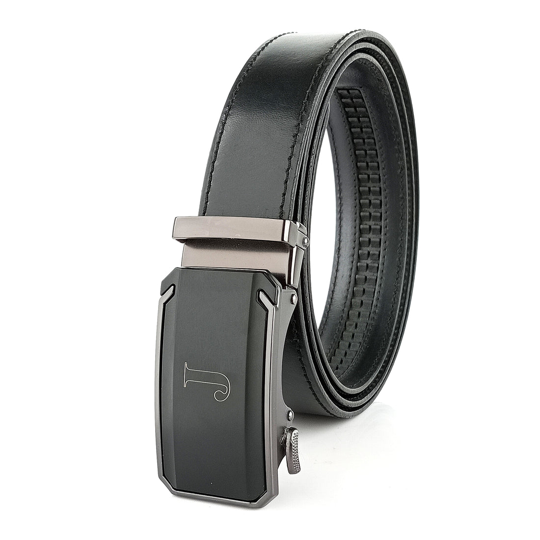 Hemener Men J Letter Metal Buckle Black Genuine Leather Belt