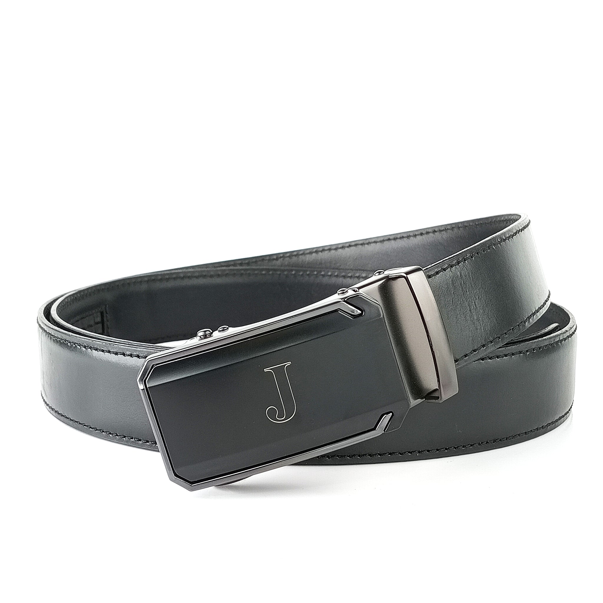 Hemener Men J Letter Metal Buckle Black Genuine Leather Belt