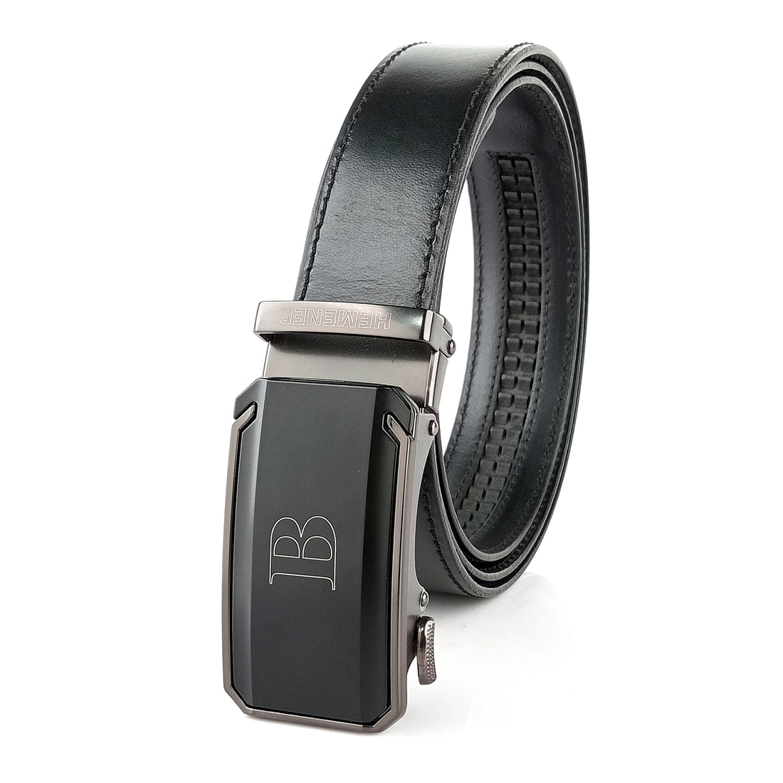 Hemener Men B Letter Metal Buckle Black Genuine Leather Belt