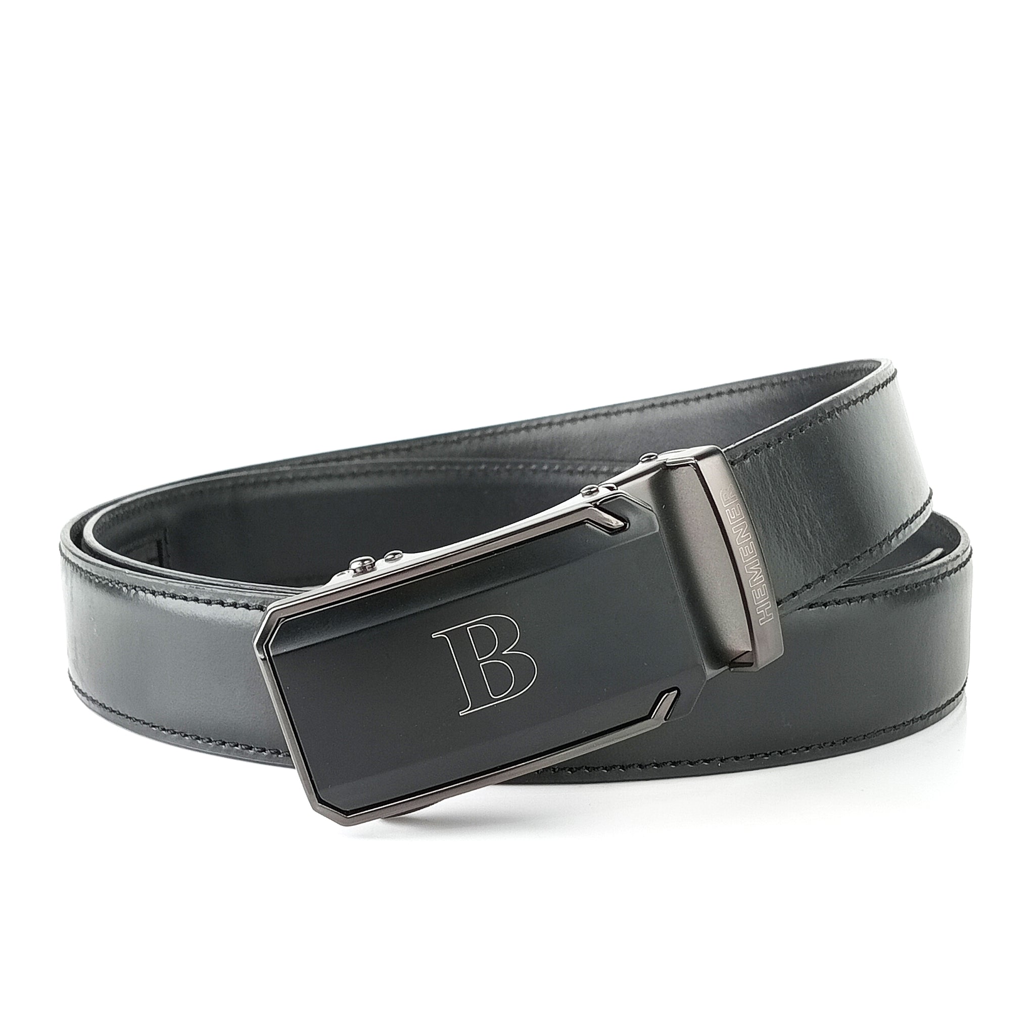 Hemener Men B Letter Metal Buckle Black Genuine Leather Belt