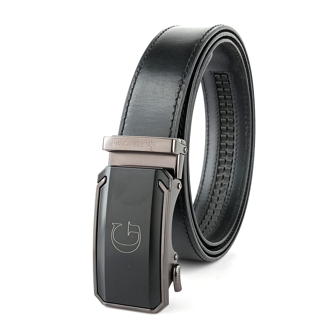 Hemener Men G Letter Metal Buckle Black Genuine Leather Belt